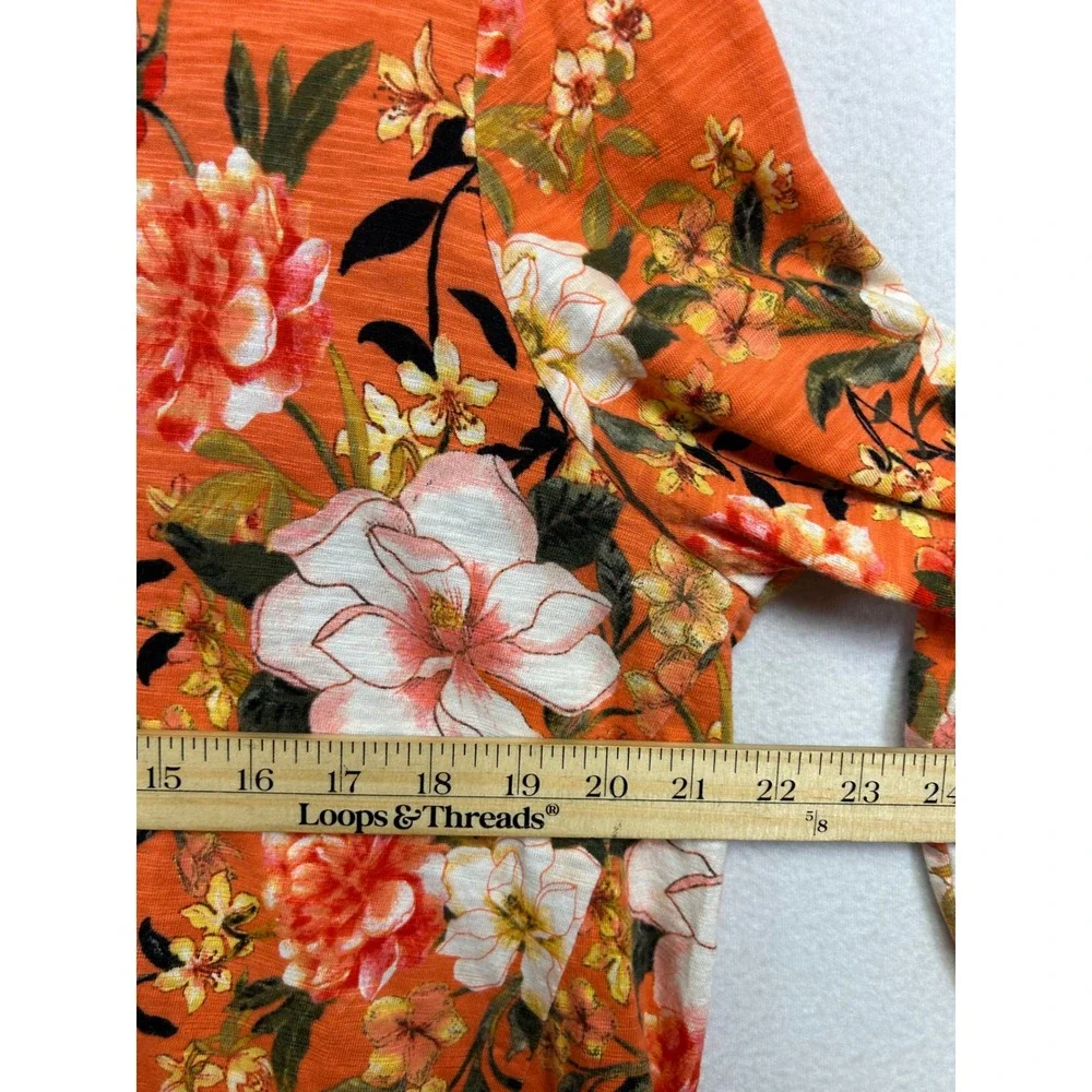 Chico's Floral Botanical Orange Womens XL 3/4 Sleeve V-Neck Slub Knit Top